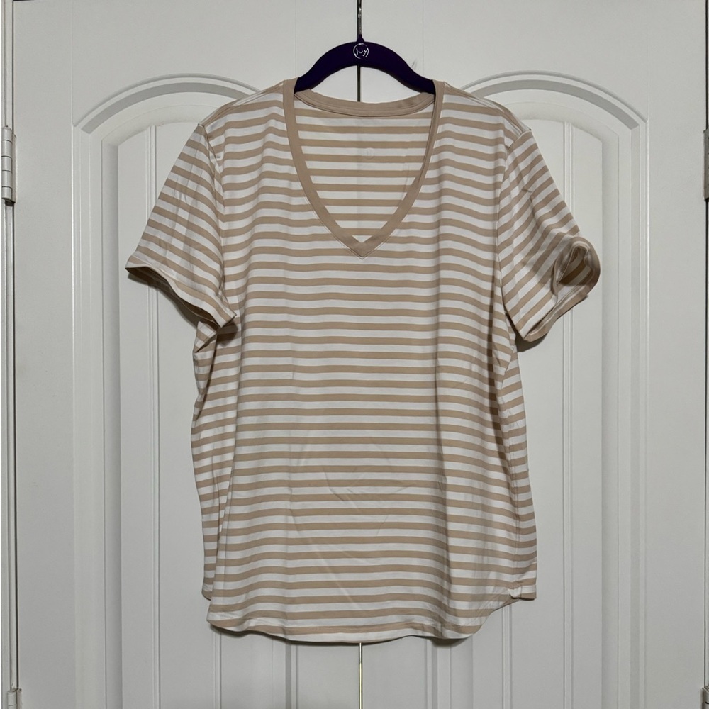 Lululemon Love V-Neck T-Shirt in True Stripe Subtle Tan White